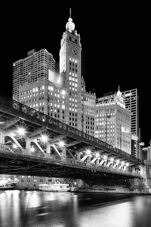 Wrigley Building at Night in Black and White Photograph by Sebastian Musial