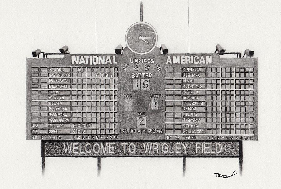 Baseball Drawing - Wrigley Field Scoreboard by Tim Trojan
