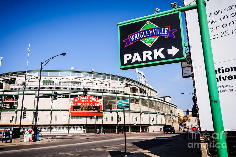 Chicago Cubs Photograph - Wrigleyville Sign and Wrigley Field in Chicago by Paul Velgos