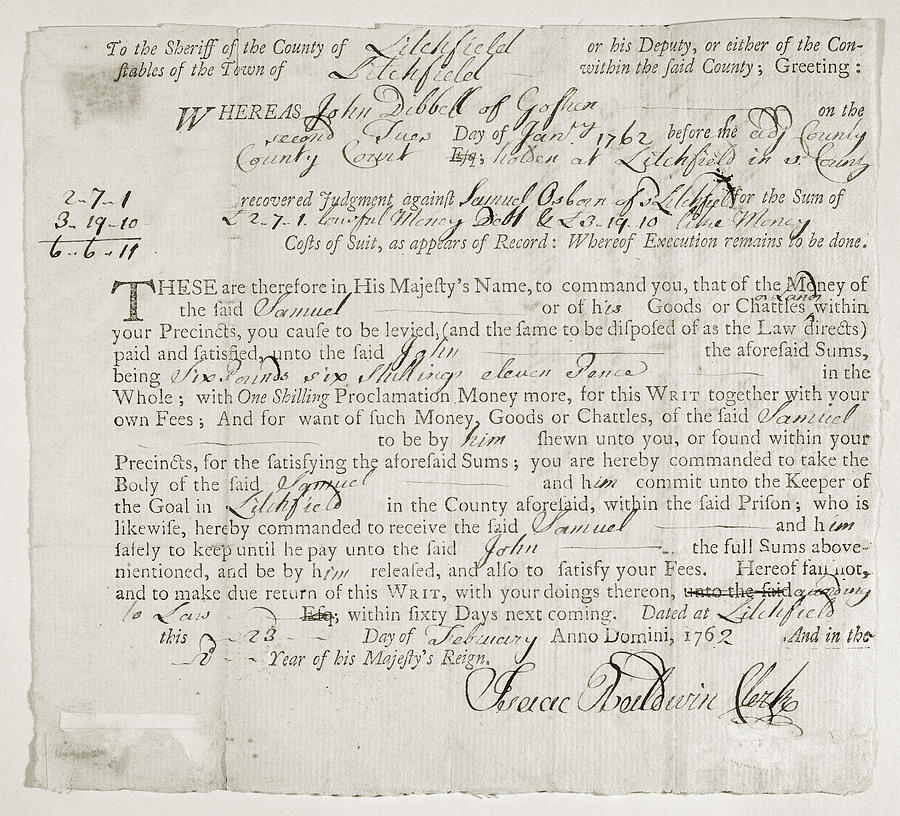 1762 Painting - Writ Of Debt, 1762 by Granger