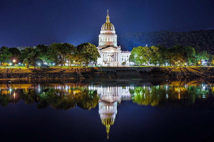 Summer Photograph - WV Capitol at night by Mary Almond