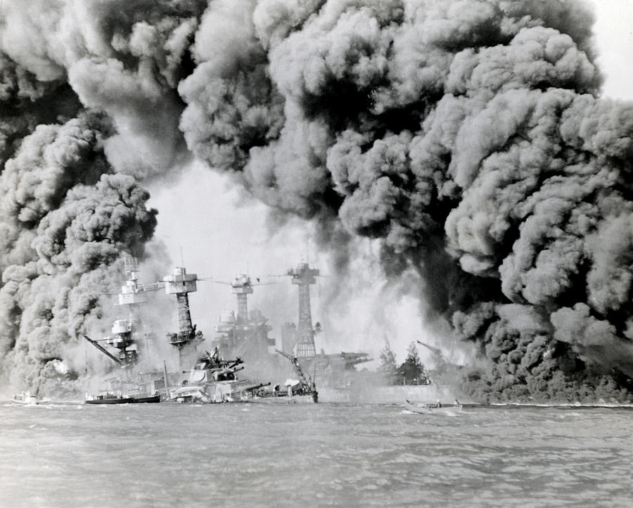 WWII Battleship Row on Fire Photograph by Historic Image