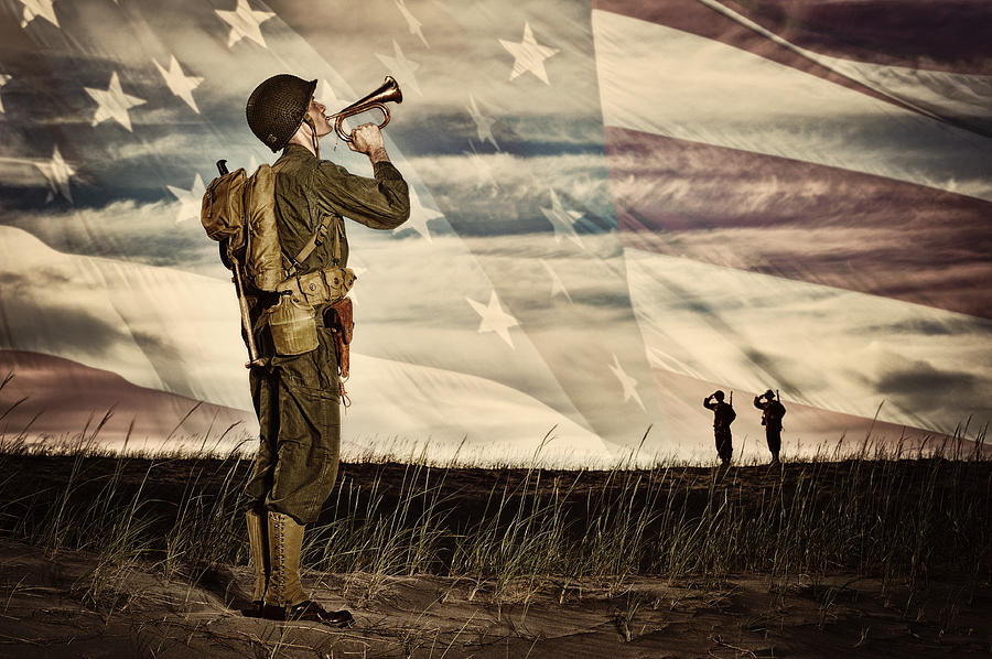 WWII Soldier Playing Taps With Flag Horizon Photograph by LifeJourneys
