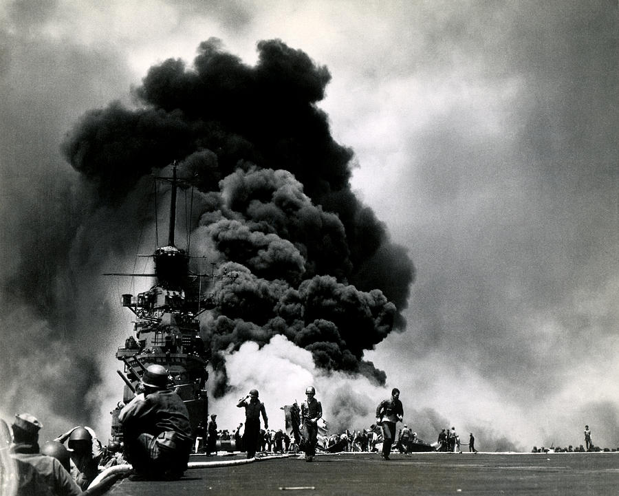 WWII USS Bunker Hill Aflame Photograph by Historic Image