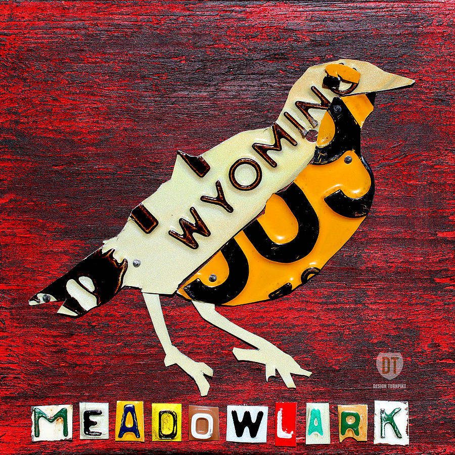 Meadowlark Mixed Media - Wyoming Meadowlark Wild Bird Vintage Recycled License Plate Art by Design Turnpike