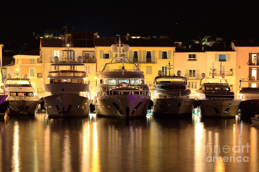 Yachts in St Tropez harbor at night Photograph by Matteo Colombo