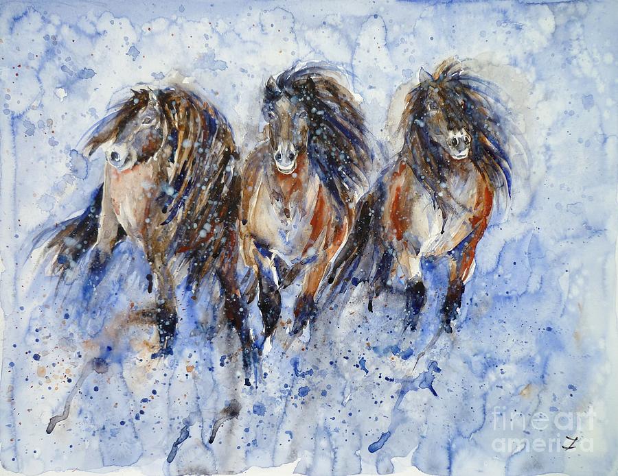 Yakutian Horses in the Snow Storm Painting by Zaira Dzhaubaeva