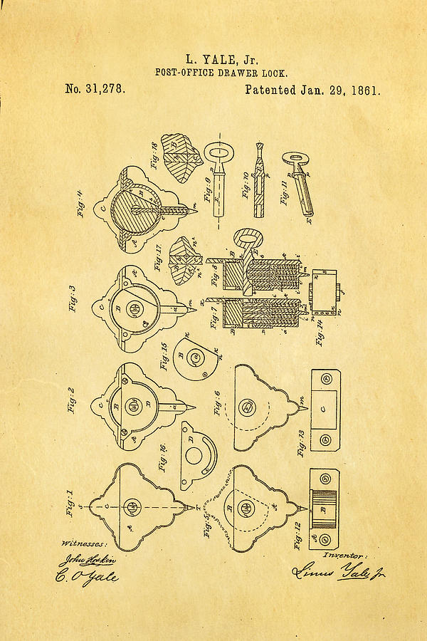 Vintage Photograph - Yale Lock Patent Art 1861 by Ian Monk