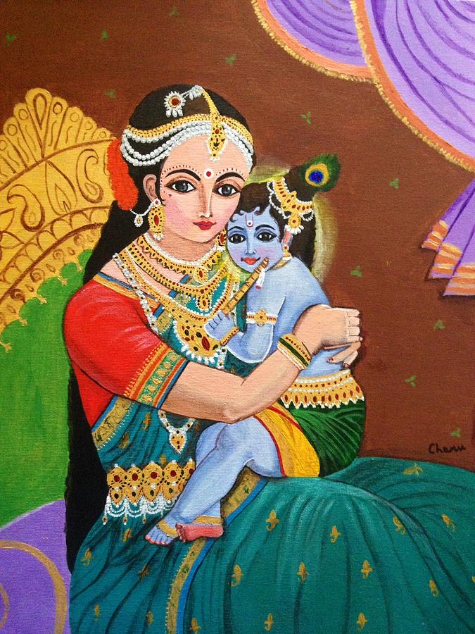 Peacock Painting - Yashoda and krishna by Charumathi Raghuraman