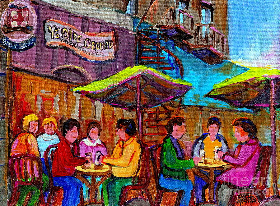 Ye Olde Orchard Paris Style Sidewalk Cafes Paintings Of Monkland Village Montreal Art Carole Spandau Painting by Carole Spandau