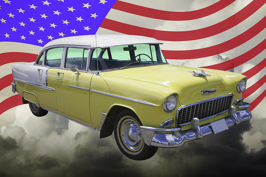 Yellow 1955 Chevrolet Bel Air And American Flag Photograph by Keith Webber Jr