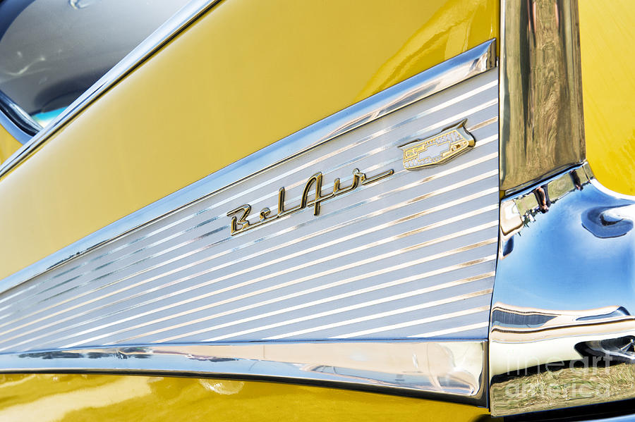 Car Photograph - Yellow 1957 Chevrolet Bel Air Tail Fin by Tim Gainey