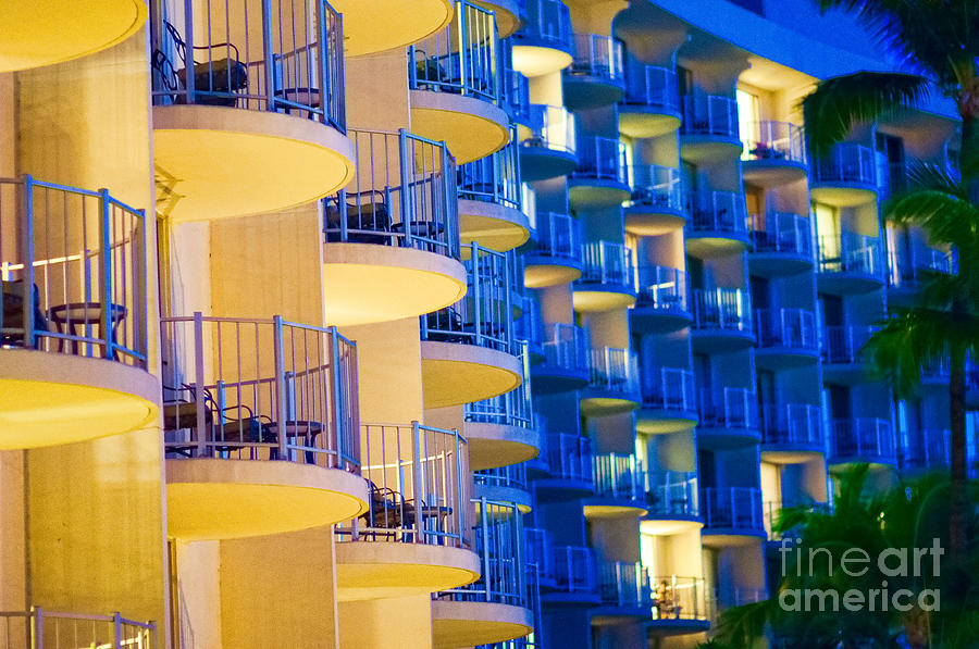 Yellow and blue hotel balcony abstract. Photograph by Don Landwehrle