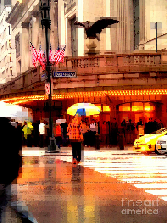 Yellow and Blue Umbrella - Grand Central in the Rain Photograph by Miriam Danar