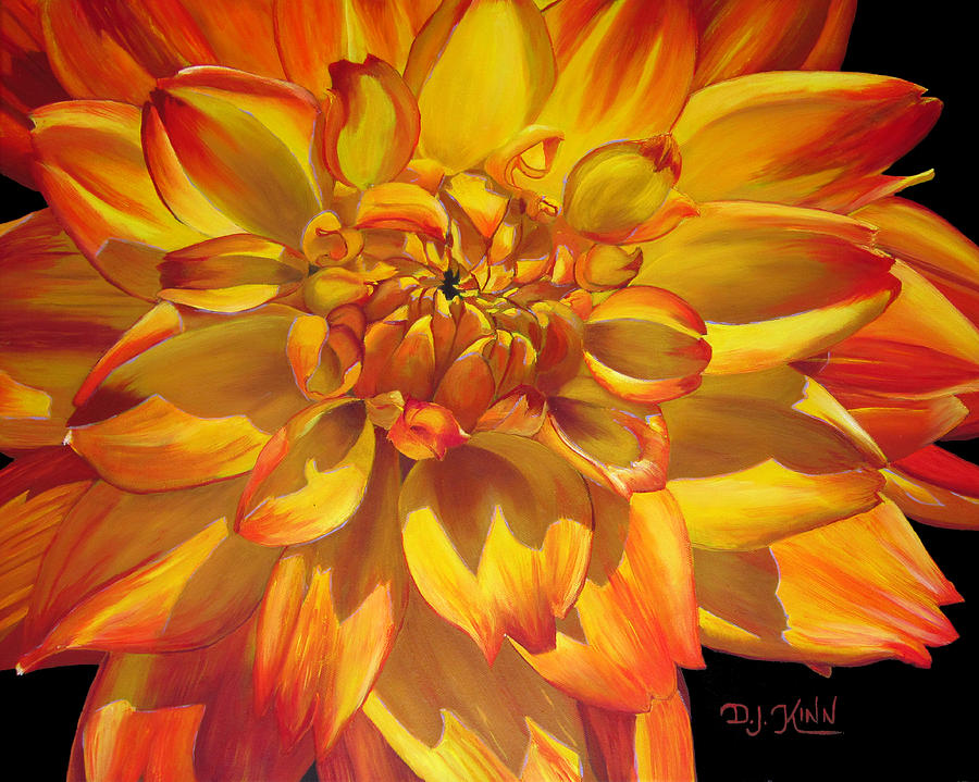 Yellow and Orange Variegated Dahlia Painting by Dottie Kinn
