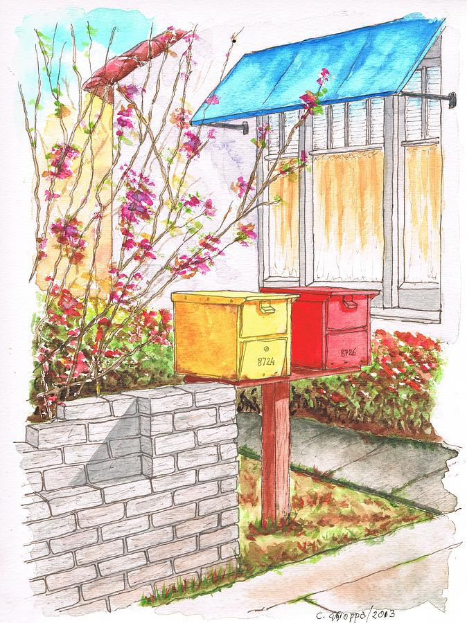 Yellow and red mail boxes in Rangely Ave - West Hollywood - California Painting by Carlos G Groppa