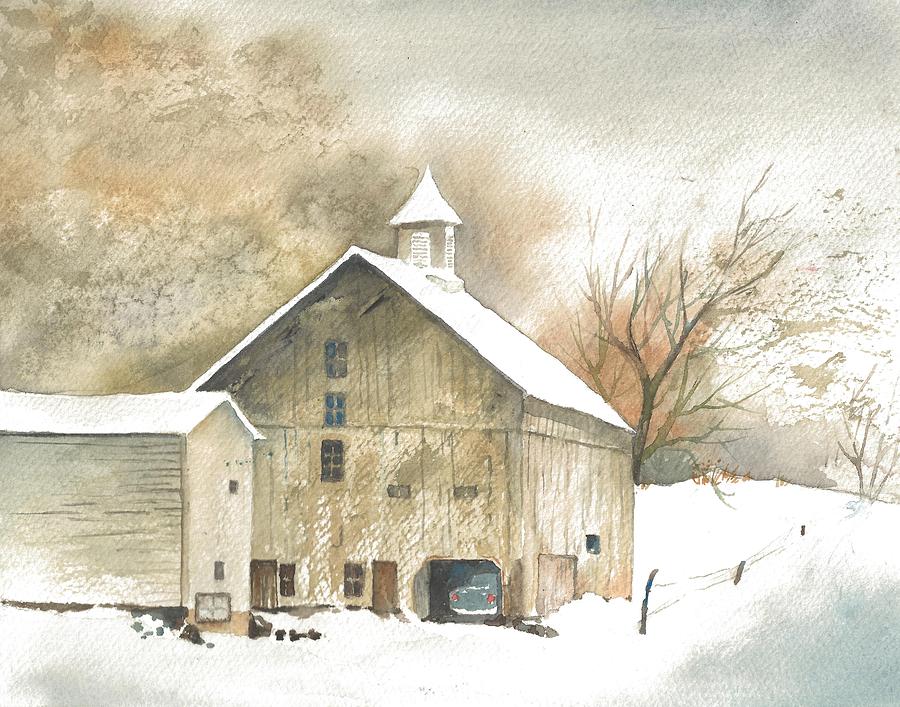 Yellow Barn In Winter Painting