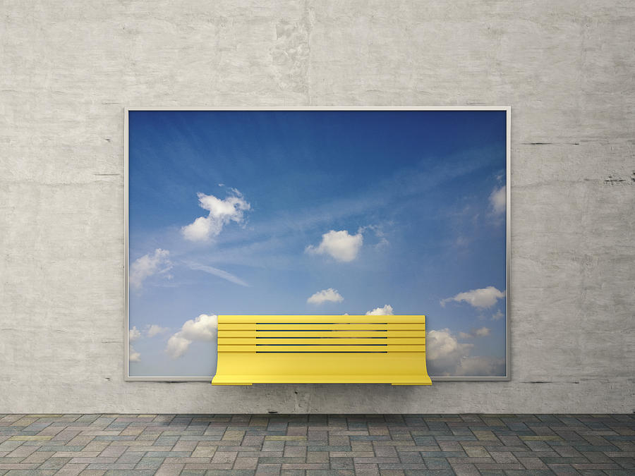 Yellow bench in front of billboard with sky and clouds Drawing by Westend61