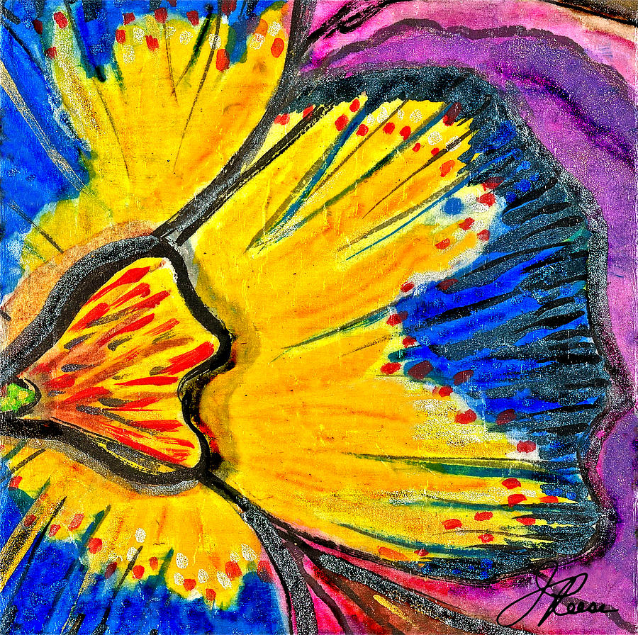 Yellow Blue Flower Painting by Joan Reese