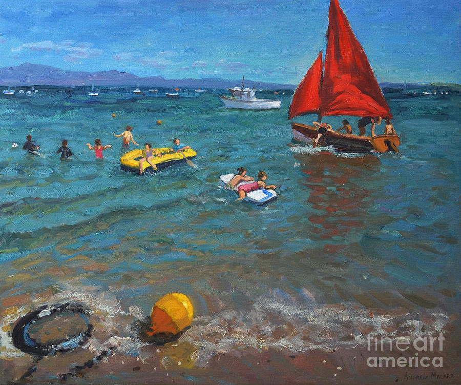 Andrew Macara Painting - Yellow buoy and red sails by Andrew Macara
