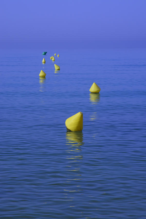 Summer Photograph - Yellow buoys blue sea by Ingela Christina Rahm