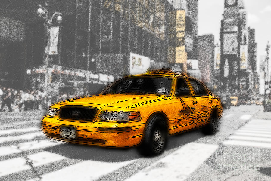 Yellow Cab at the Times Square -comic Photograph by Hannes Cmarits