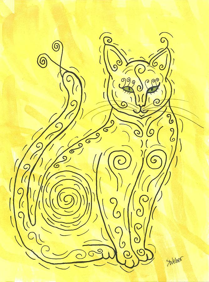 Yellow Cat Squiggle Painting by Susie Weber