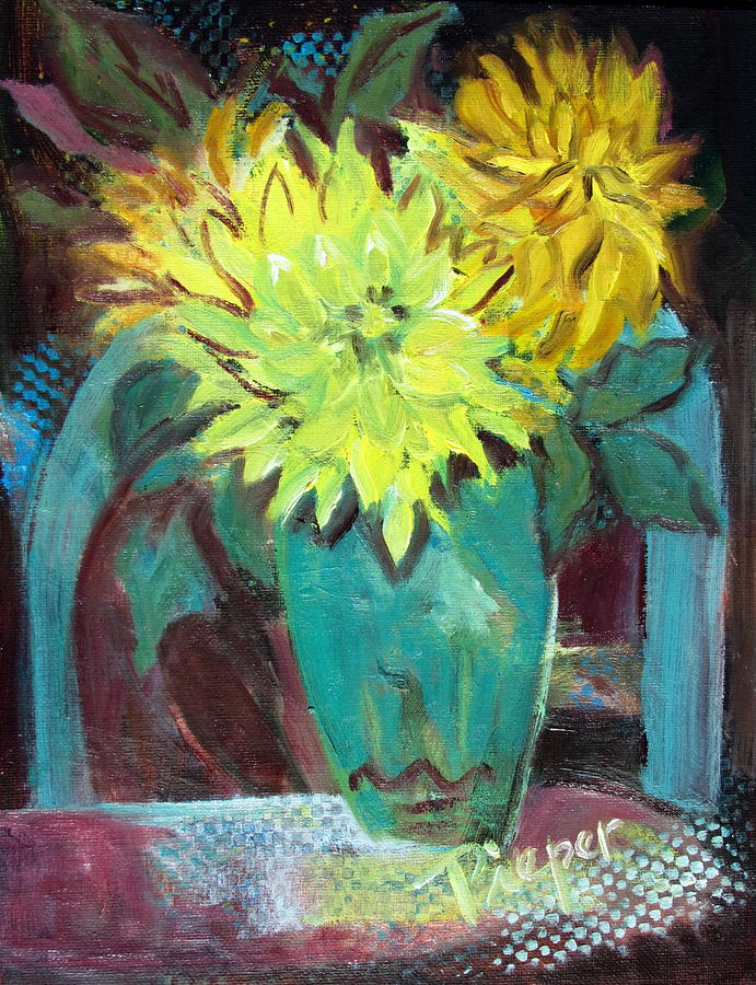 Yellow Dahlias and Blue Chair Painting by Betty Pieper