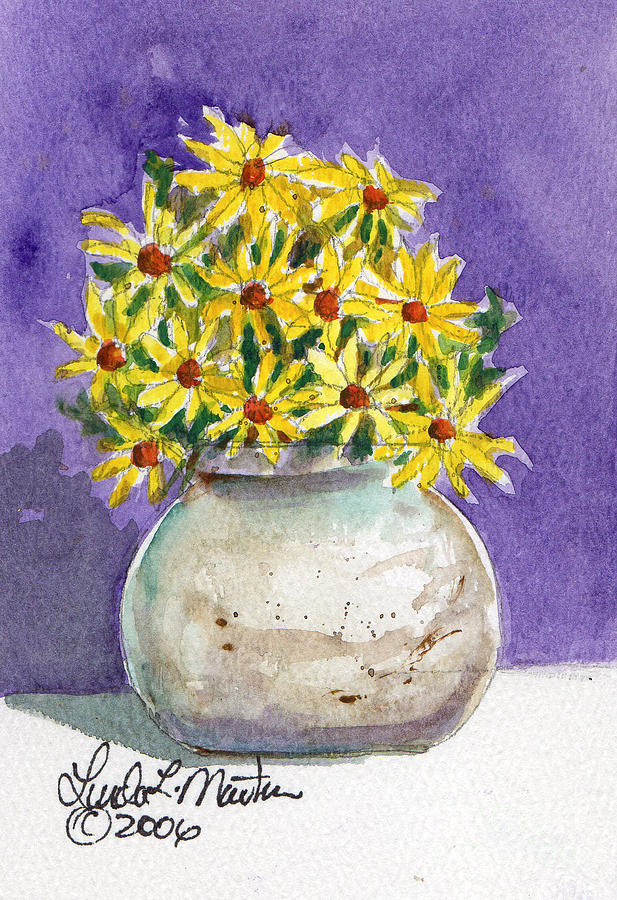 Flower Painting - Yellow Daisies in Stoneware Vase by Linda L Martin
