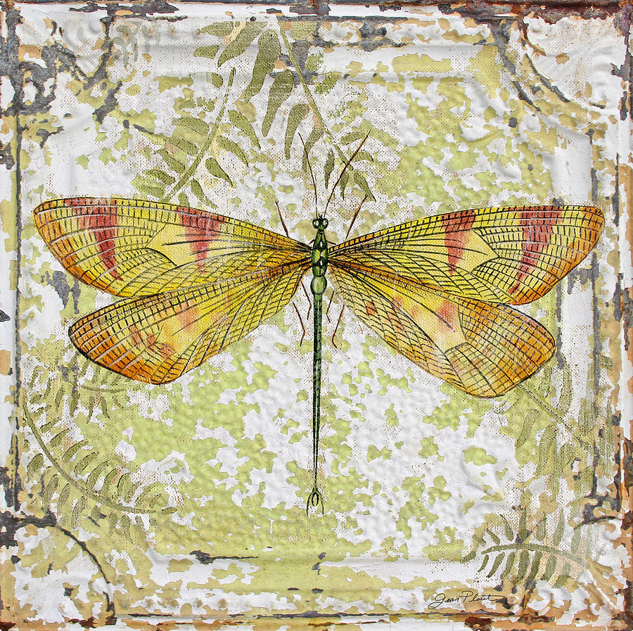 Yellow Dragonfly on Vintage Tin Painting by Jean Plout