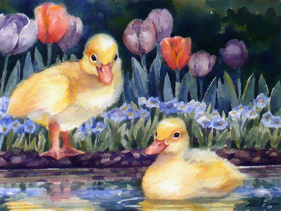 Yellow Ducklings - First Swim Painting by Janet Zeh