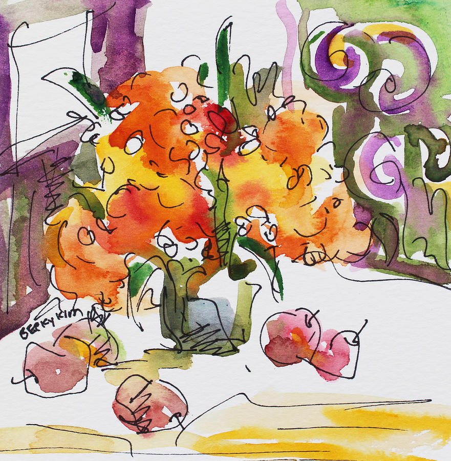 Yellow Flowers and Apples Painting by Becky Kim