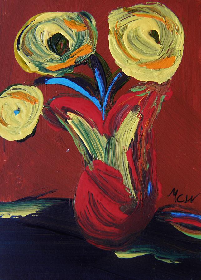 Yellow Flowers in Artisan Vase Painting by Mary Carol Williams