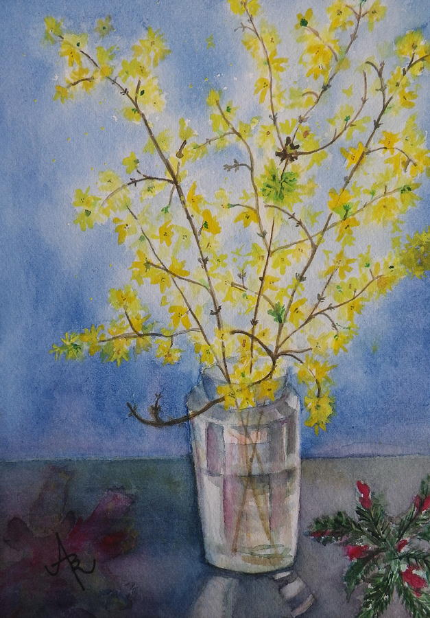 Yellow Forsythia in Vase Painting by Anna Ruzsan