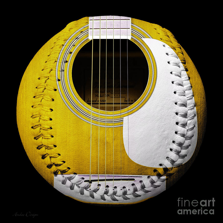Yellow Guitar Baseball White Laces Square Digital Art by Andee Design