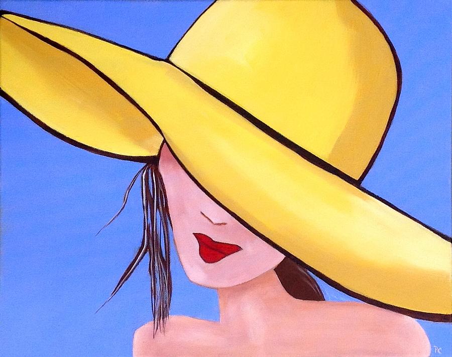 Hat Painting - Yellow Hat on Blue by Patricia Cleasby