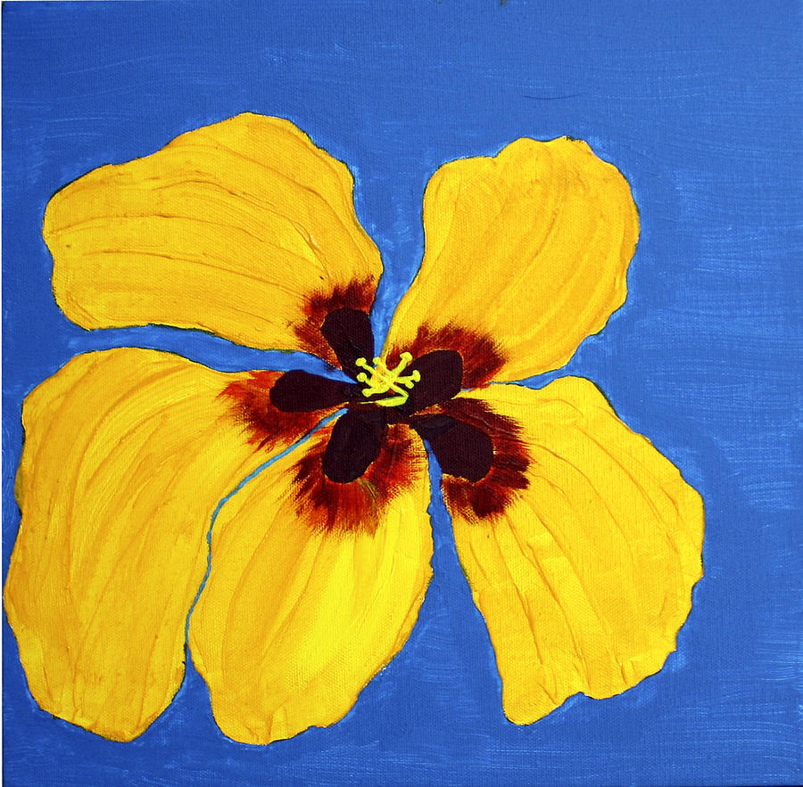 Yellow Hibiscus on Blue Painting by Karen Nicholson