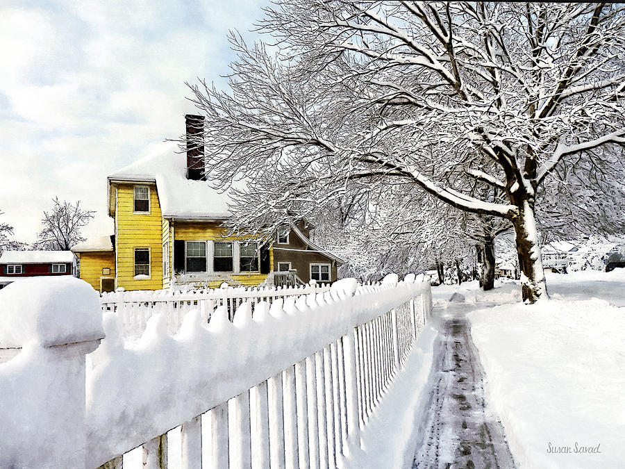 Yellow House with Snow Covered Picket Fence Photograph by Susan Savad