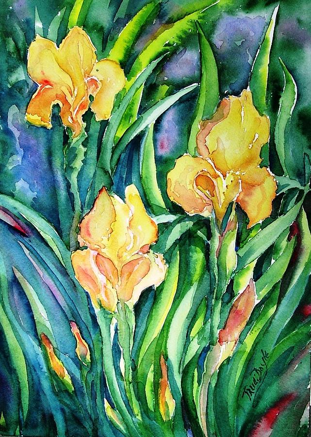 Yellow Irises in the Garden  Painting by Trudi Doyle