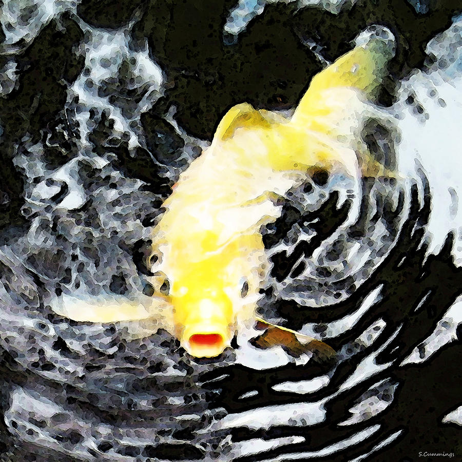 Yellow Koi - Black And White Art Painting by Sharon Cummings