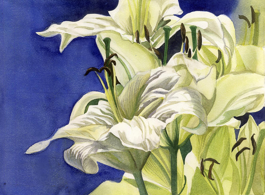 Yellow Lilies With Blue Painting by Alfred Ng