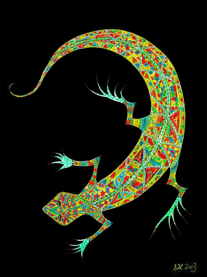 Digital Digital Art - Yellow Lizard on Black by Stephanie Grant