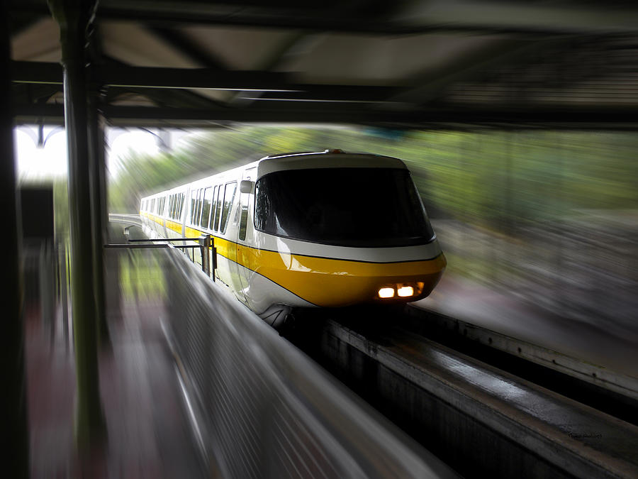 Transportation Photograph - Yellow Monorail Entering the Station 02 by Thomas Woolworth