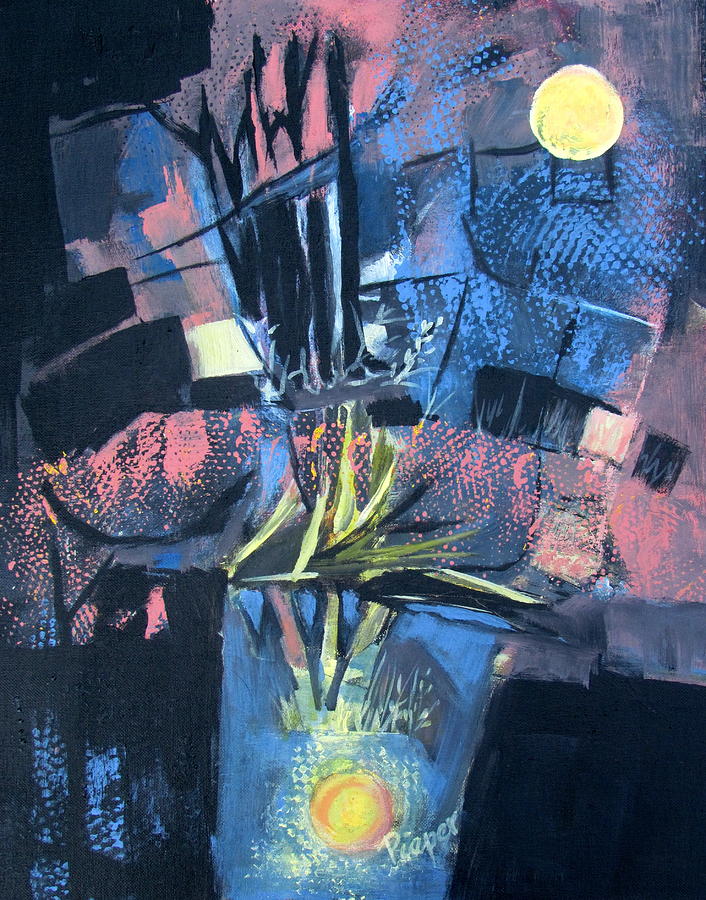 Yellow Moon in a Blue Bucket Painting by Betty Pieper