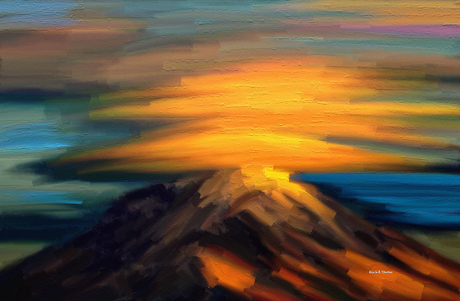 Yellow Mountaintop Hugged by Yellow Cloud  Painting by Angela Stanton
