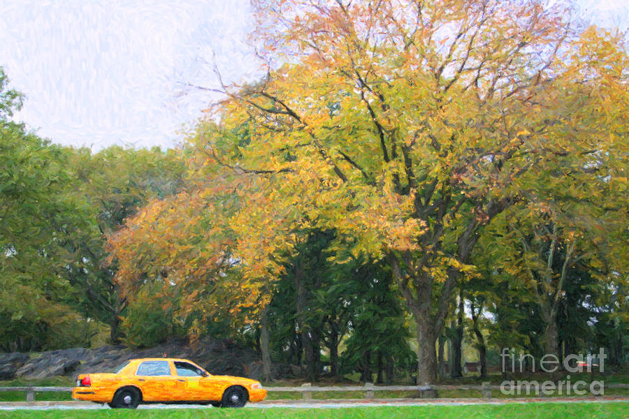 Yellow NYC taxi driving through Central Park USA Digital Art by Liz Leyden
