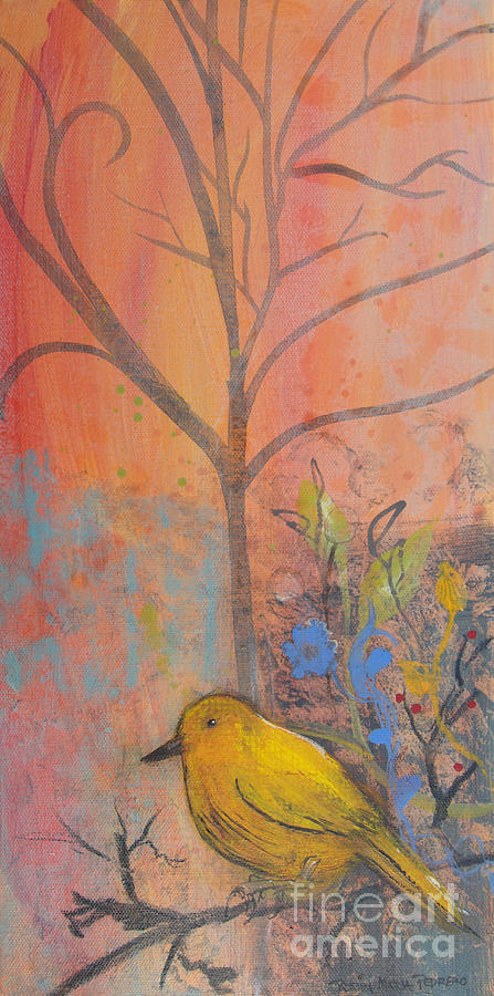 Yellow Peace Bird on Orange Painting by Robin Pedrero