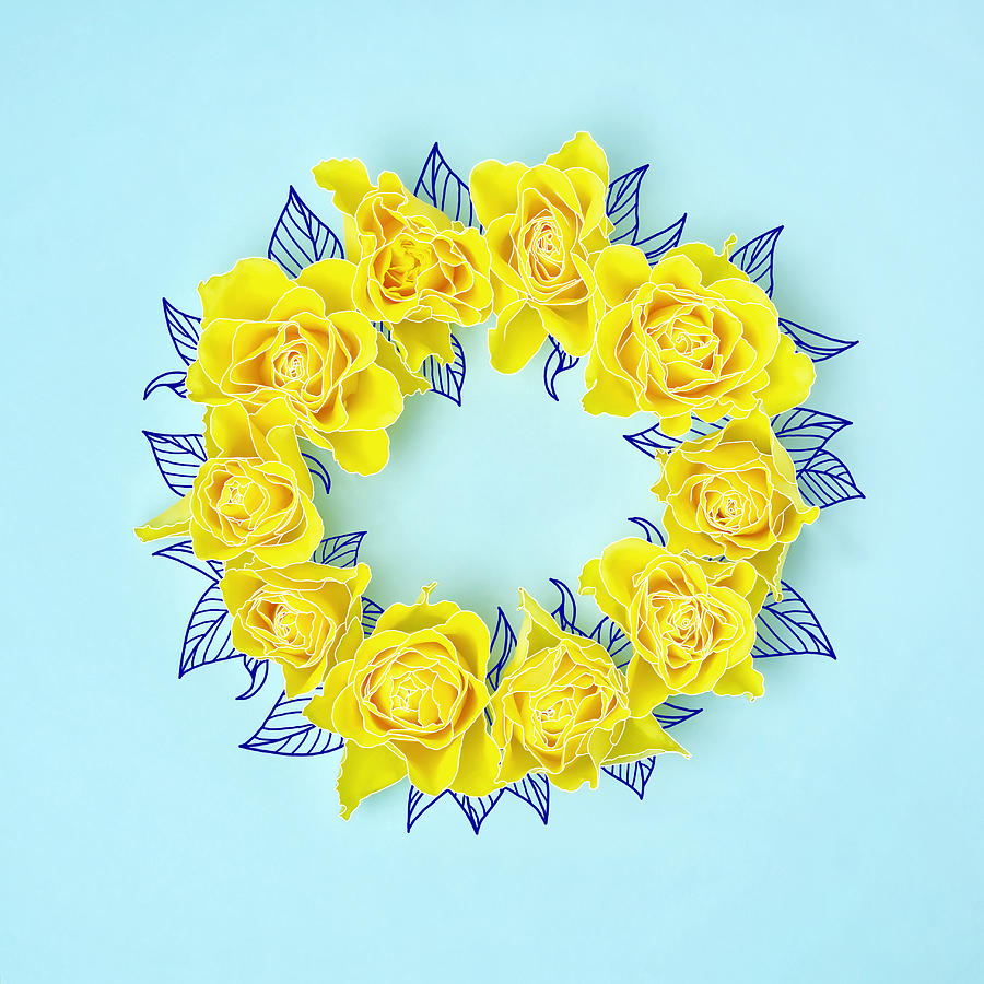 Yellow Roses In A Circle With Drawings Photograph by Juj Winn