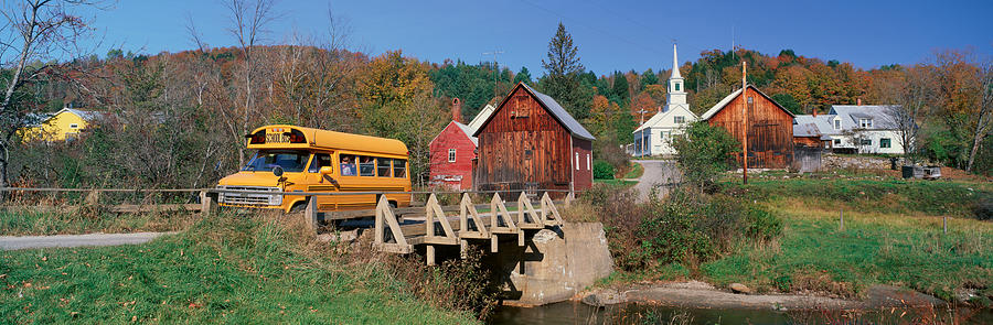 Fall Photograph - Yellow School Bus Crossing Wooden by Panoramic Images