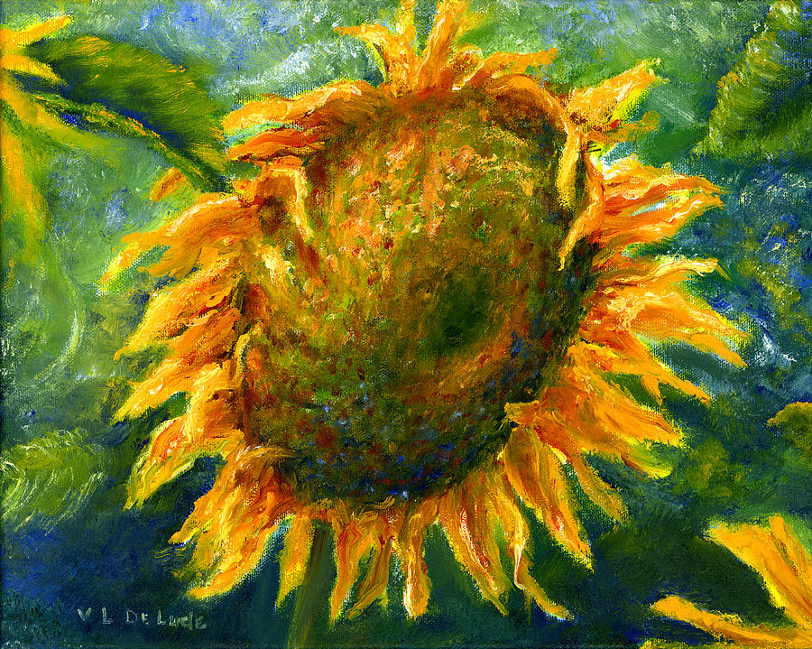 Yellow Sunflower Art in Blue and Green Painting by Lenora  De Lude